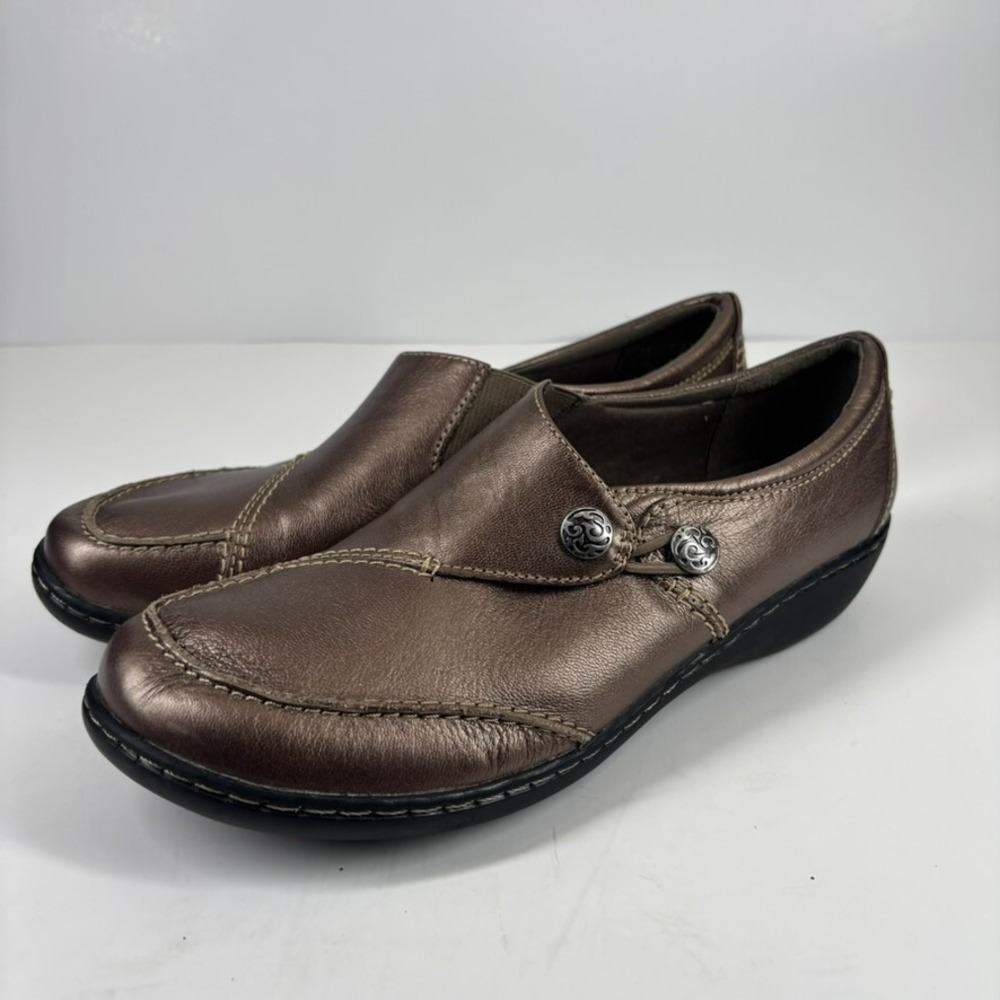 Clarks Ashland Lane Q Women's US 9.5W Pewter Leather Comfort Slip-On Loafers